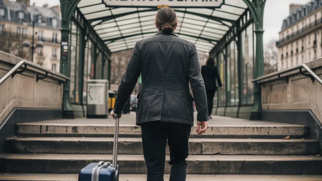 Voyageur descendant les marches d'une station de métro parisienne avec entrée Art Nouveau