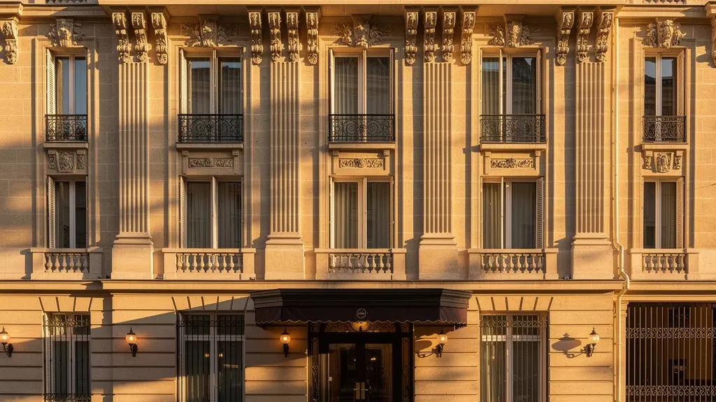 Façade d'hôtel parisien classique du 8ème arrondissement avec architecture haussmannienne