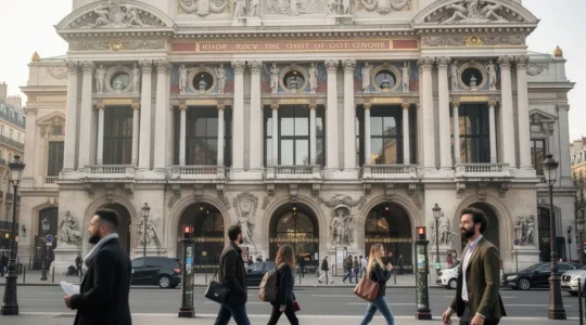Façade de l'Opéra Garnier avec passants parisiens au petit matin dans le quartier Opéra Paris