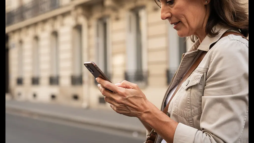Touriste consultant son téléphone sur un trottoir parisien du quartier Opéra