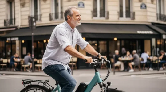 Cycliste traversant une rue du 17ème arrondissement de Paris sur vélo électrique urbain