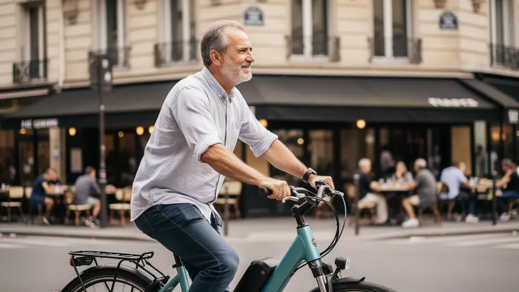 Cycliste traversant une rue du 17ème arrondissement de Paris sur vélo électrique urbain