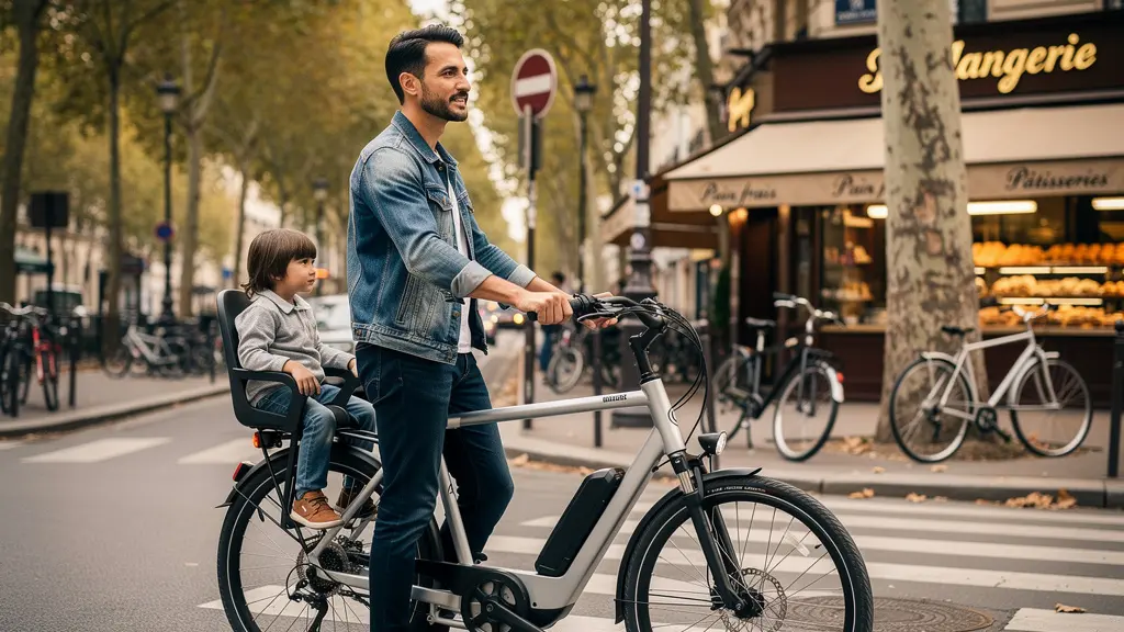 Parent avec enfant sur vélo cargo longtail dans une rue parisienne