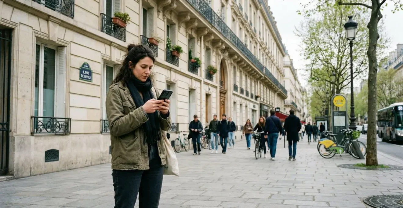 Une personne de profil consulte son smartphone devant la façade d'un immeuble haussmannien parisien, ambiance urbaine contemporaine