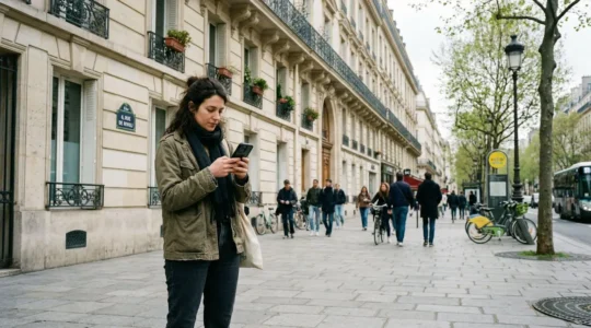 Une personne de profil consulte son smartphone devant la façade d'un immeuble haussmannien parisien, ambiance urbaine contemporaine