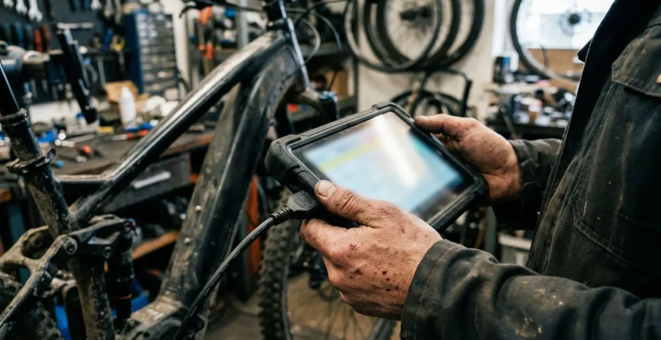 Mains d'un technicien tenant une tablette de diagnostic branchée sur un vélo électrique, écran flouté, environnement d'atelier