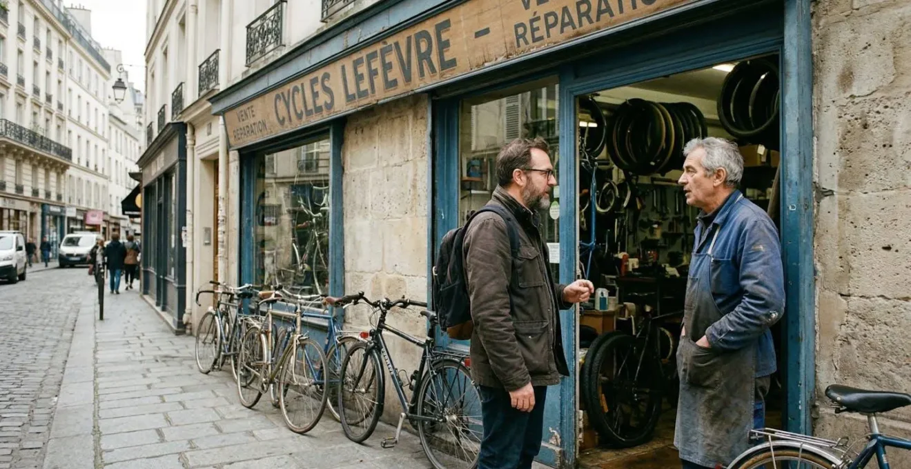 Façade d'une boutique de vélos parisienne avec vélos exposés, un client discute avec un vendeur à l'entrée, rue pavée visible