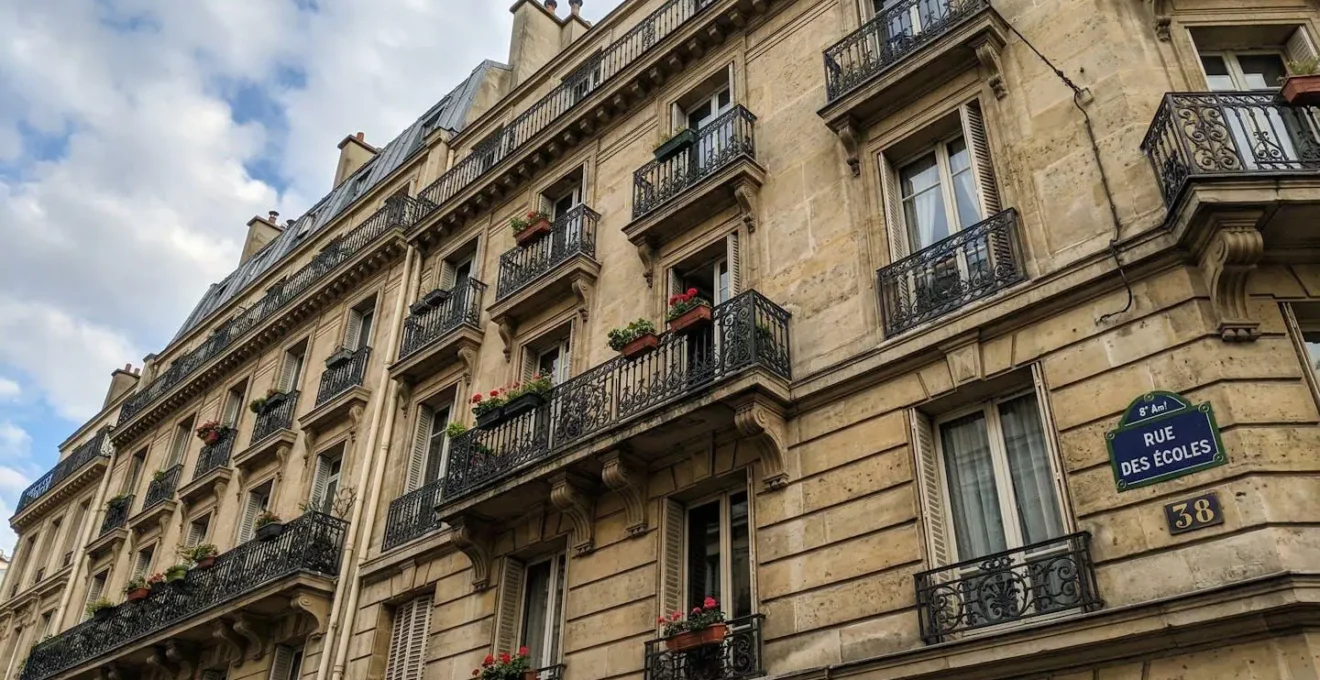Façades d'immeubles parisiens typiques en pierre de taille vues en contre-plongée sous un ciel dégagé