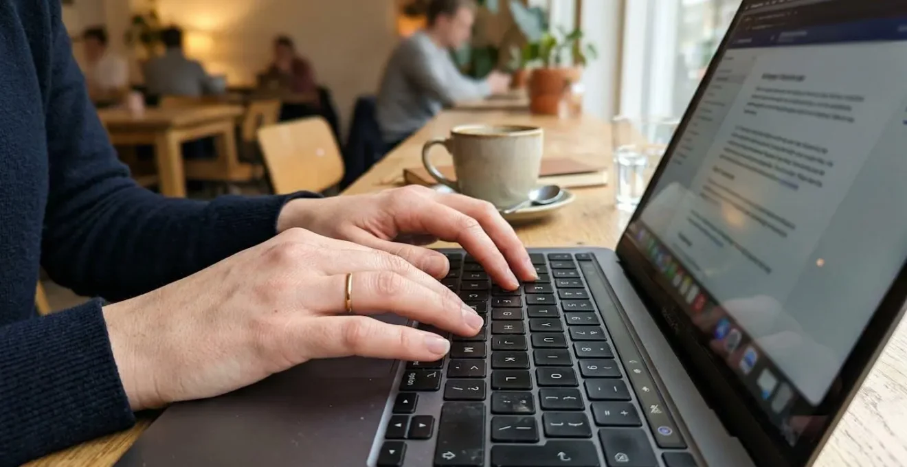 Mains tapant sur le clavier d'un ordinateur portable dans un espace de travail moderne et lumineux