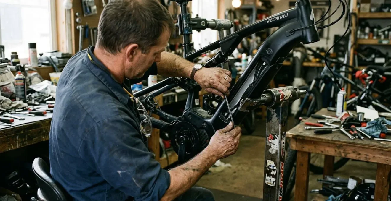 Un mécanicien de dos travaille sur un vélo électrique dans un atelier, outils dispersés sur l'établi sous une lumière naturelle