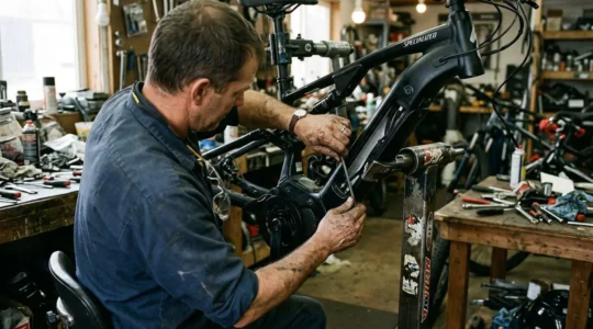 Un mécanicien de dos travaille sur un vélo électrique dans un atelier, outils dispersés sur l'établi sous une lumière naturelle