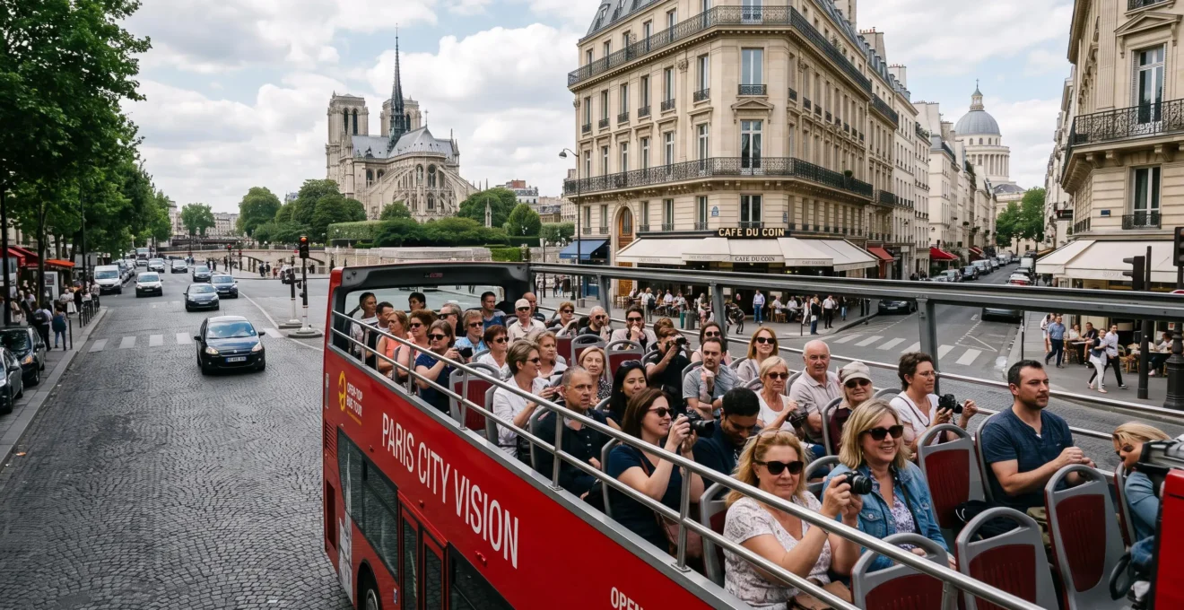 Bus touristique à impériale circulant dans Paris près de monuments emblématiques