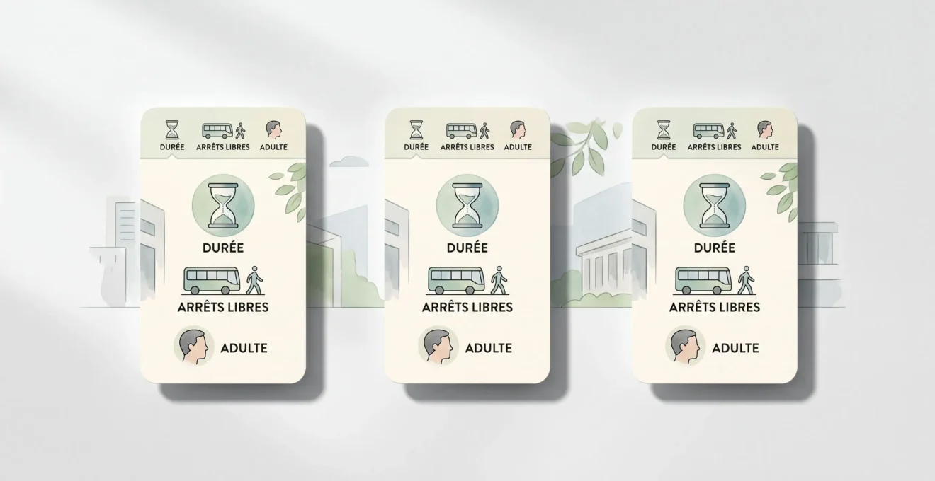 Illustration de trois billets de bus touristique comparés selon les mêmes critères